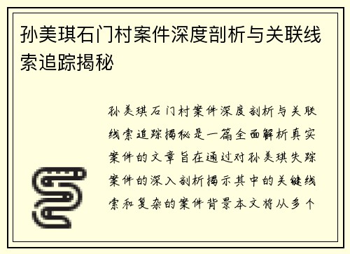 孙美琪石门村案件深度剖析与关联线索追踪揭秘