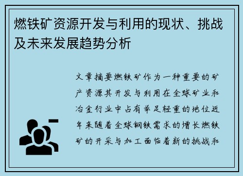 燃铁矿资源开发与利用的现状、挑战及未来发展趋势分析